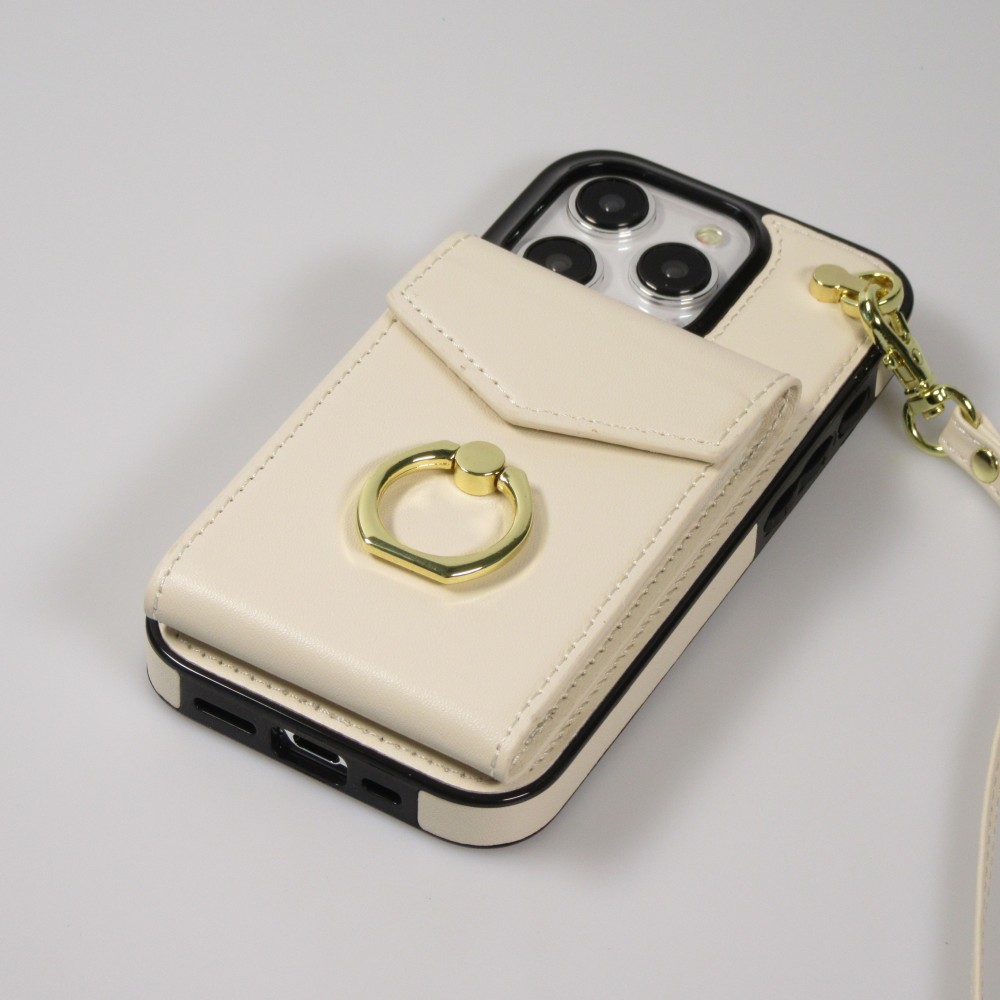 Coque iPhone 15 Pro Max - Etui élégant look cuir DeLuxe avec portefeuille + anneau de support - Blanc