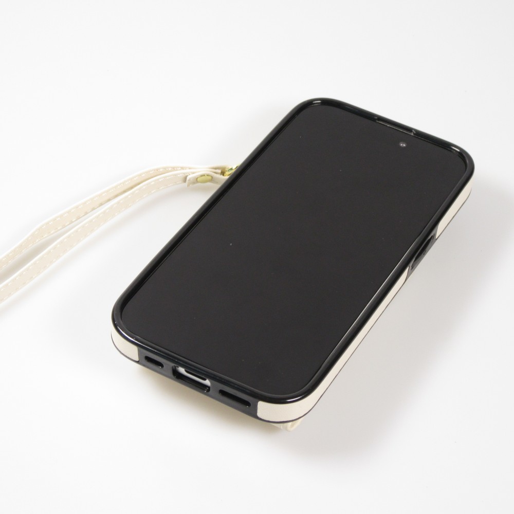 Coque iPhone 15 Pro Max - Etui élégant look cuir DeLuxe avec portefeuille + anneau de support - Blanc