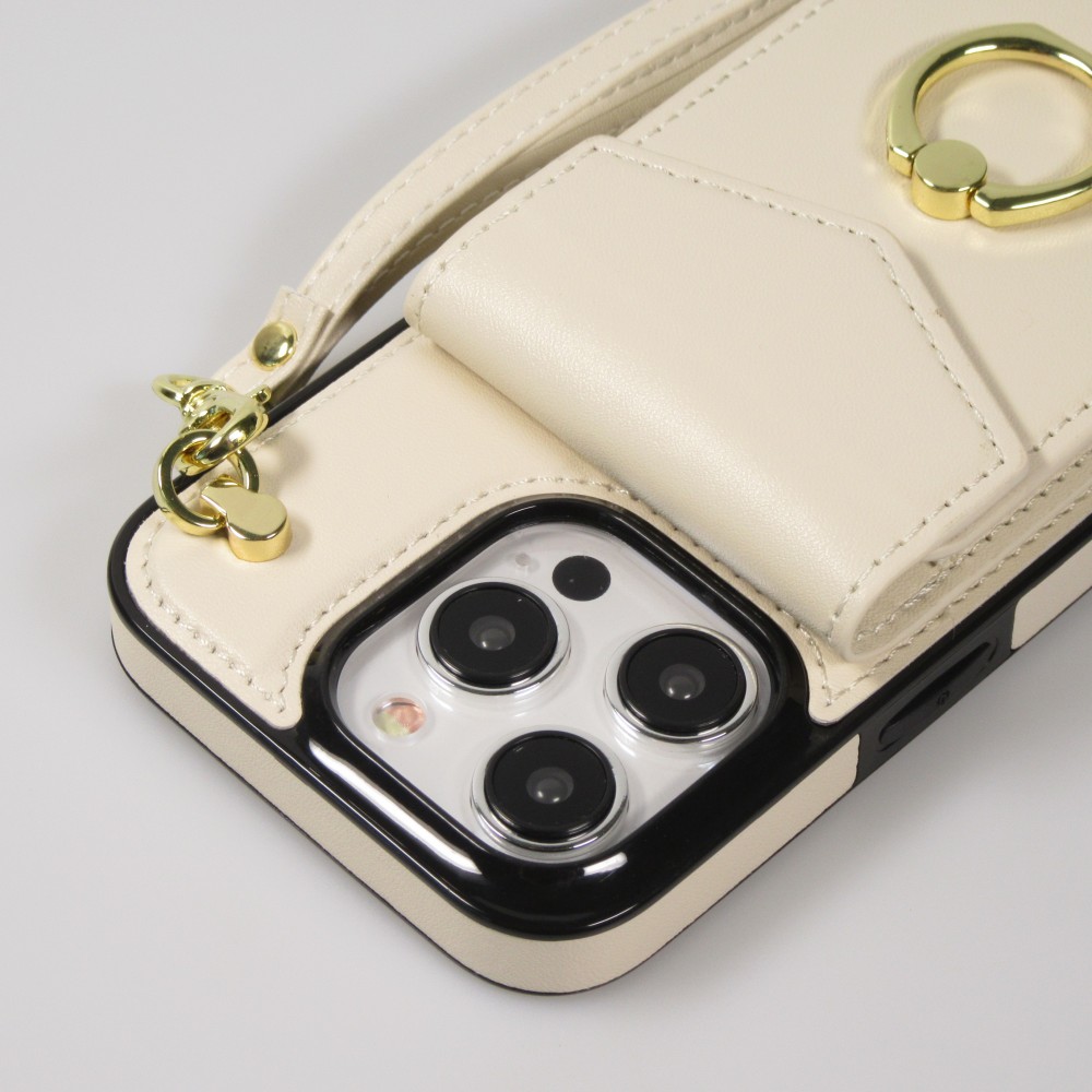 Coque iPhone 15 Pro Max - Etui élégant look cuir DeLuxe avec portefeuille + anneau de support - Blanc