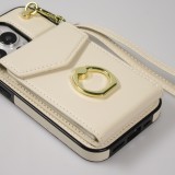 Coque iPhone 15 Pro Max - Etui élégant look cuir DeLuxe avec portefeuille + anneau de support - Blanc