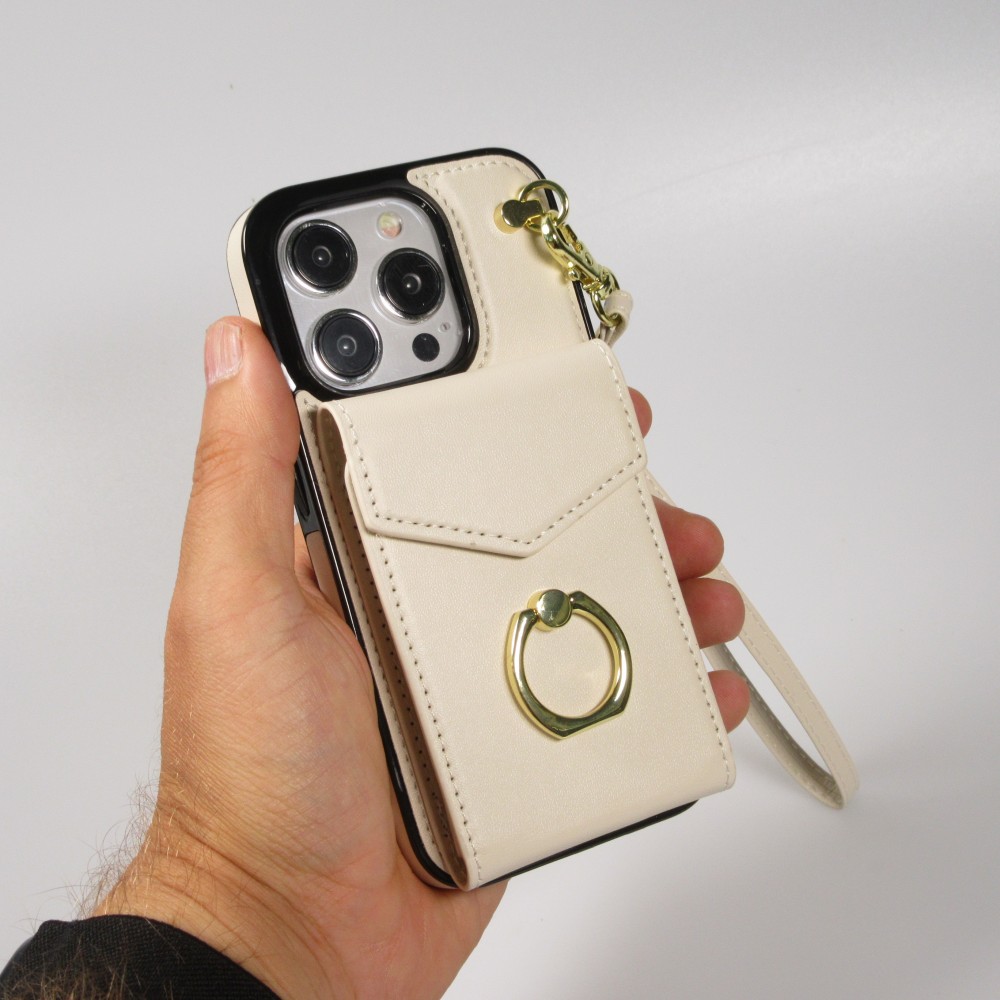 Coque iPhone 15 Pro Max - Etui élégant look cuir DeLuxe avec portefeuille + anneau de support - Blanc
