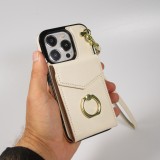 Coque iPhone 15 Pro Max - Etui élégant look cuir DeLuxe avec portefeuille + anneau de support - Blanc