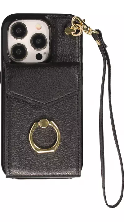Coque iPhone 15 Pro Max - Etui élégant look cuir DeLuxe avec portefeuille + anneau de support - Noir