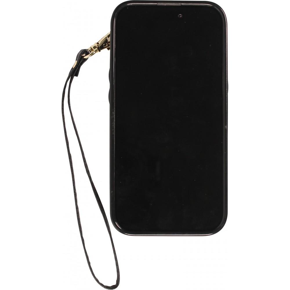 Coque iPhone 15 Pro Max - Etui élégant look cuir DeLuxe avec portefeuille + anneau de support - Noir