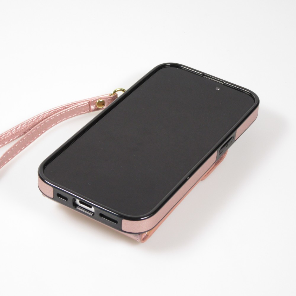 Coque iPhone 15 Pro Max - Etui élégant look cuir DeLuxe avec portefeuille + anneau de support - Rose