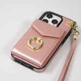 Coque iPhone 15 Pro Max - Etui élégant look cuir DeLuxe avec portefeuille + anneau de support - Rose