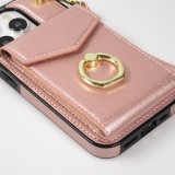Coque iPhone 15 Pro Max - Etui élégant look cuir DeLuxe avec portefeuille + anneau de support - Rose