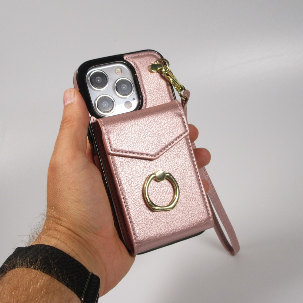 Coque iPhone 15 Pro Max - Etui élégant look cuir DeLuxe avec portefeuille + anneau de support - Rose