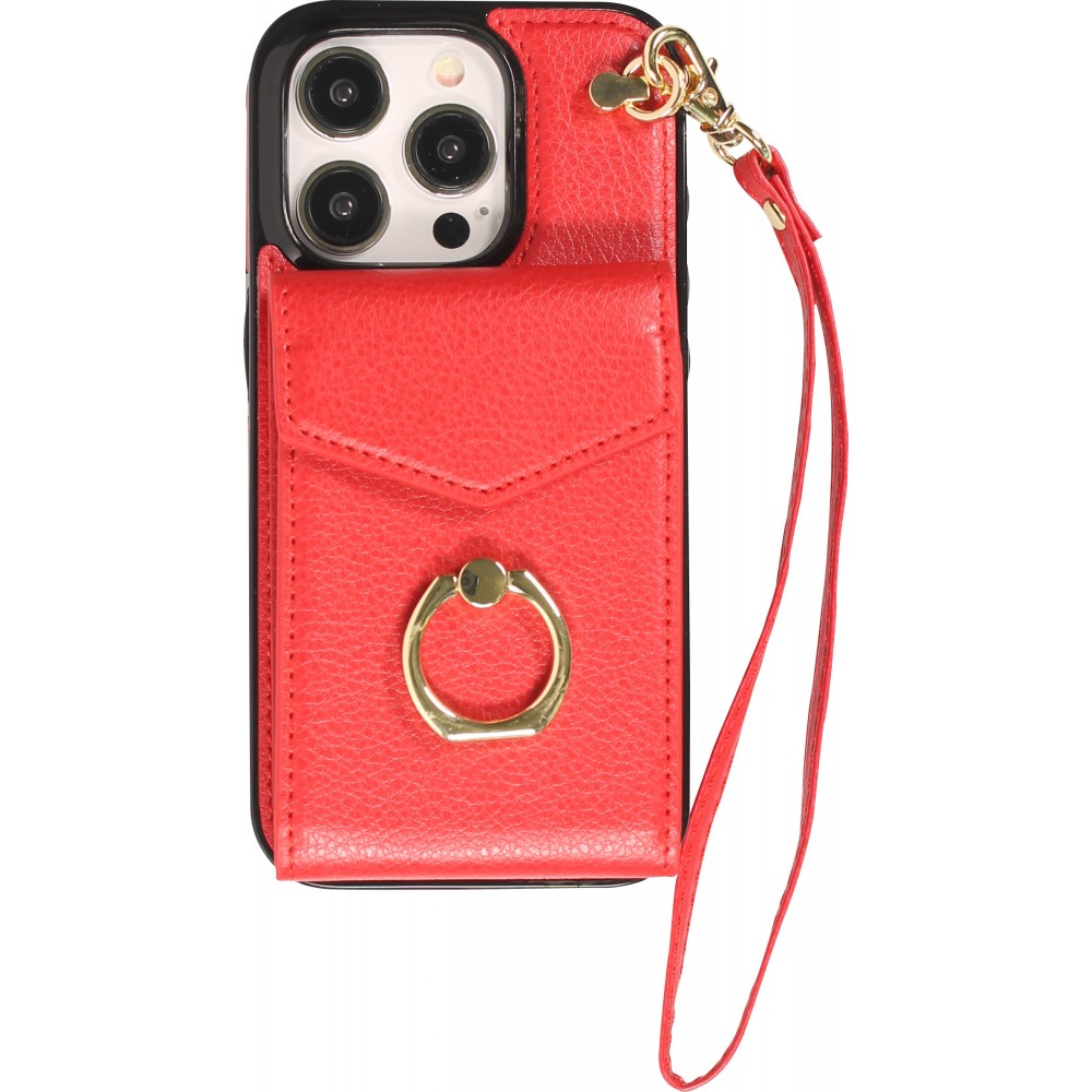 Coque iPhone 15 Pro - Etui élégant look cuir DeLuxe avec portefeuille + anneau de support - Rouge
