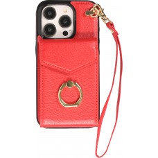 Coque iPhone 15 Pro - Etui élégant look cuir DeLuxe avec portefeuille + anneau de support - Rouge