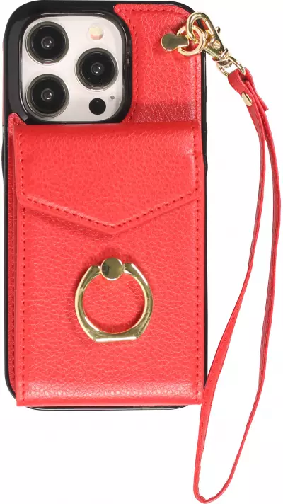 Coque iPhone 15 Pro Max - Etui élégant look cuir DeLuxe avec portefeuille + anneau de support - Rouge