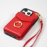 Coque iPhone 15 Pro - Etui élégant look cuir DeLuxe avec portefeuille + anneau de support - Rouge