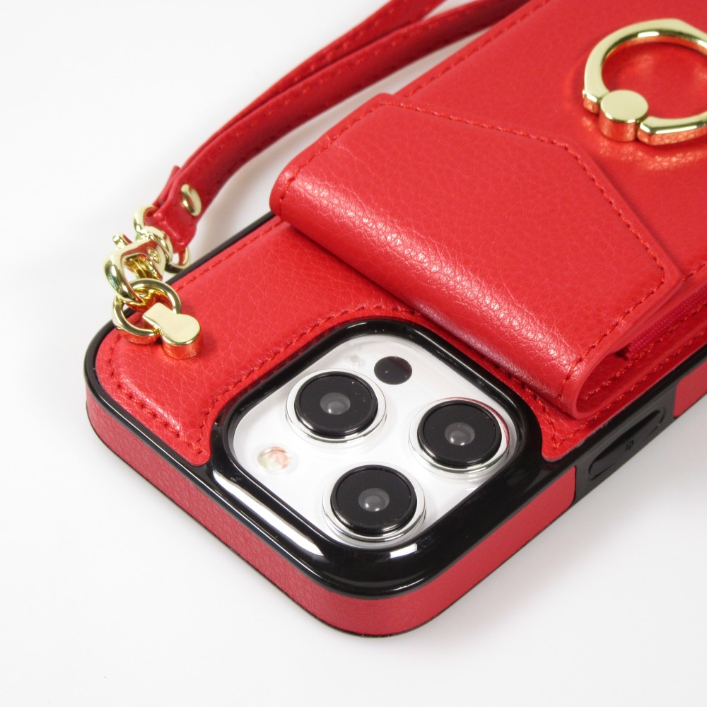 Coque iPhone 15 Pro - Etui élégant look cuir DeLuxe avec portefeuille + anneau de support - Rouge