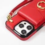 Coque iPhone 15 Pro - Etui élégant look cuir DeLuxe avec portefeuille + anneau de support - Rouge