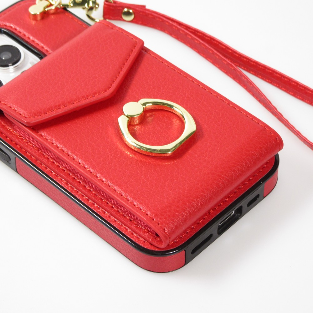 Coque iPhone 15 Pro - Etui élégant look cuir DeLuxe avec portefeuille + anneau de support - Rouge
