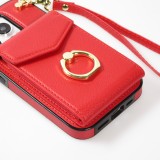 Coque iPhone 15 Pro - Etui élégant look cuir DeLuxe avec portefeuille + anneau de support - Rouge