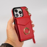 Coque iPhone 15 Pro - Etui élégant look cuir DeLuxe avec portefeuille + anneau de support - Rouge