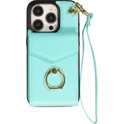 Coque iPhone 15 Pro Max - Etui élégant look cuir DeLuxe avec portefeuille + anneau de support - Turquoise