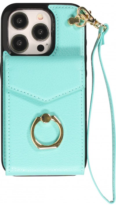 Coque iPhone 15 Pro Max - Etui élégant look cuir DeLuxe avec portefeuille + anneau de support - Turquoise