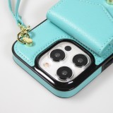 Coque iPhone 15 Pro Max - Etui élégant look cuir DeLuxe avec portefeuille + anneau de support - Turquoise