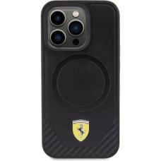 Coque iPhone 15 Pro - Ferrari cuir MagSafe avec logo en métal et imitation carbon - Noir