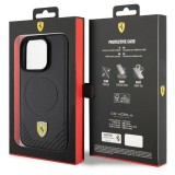 Coque iPhone 15 Pro - Ferrari cuir MagSafe avec logo en métal et imitation carbon - Noir