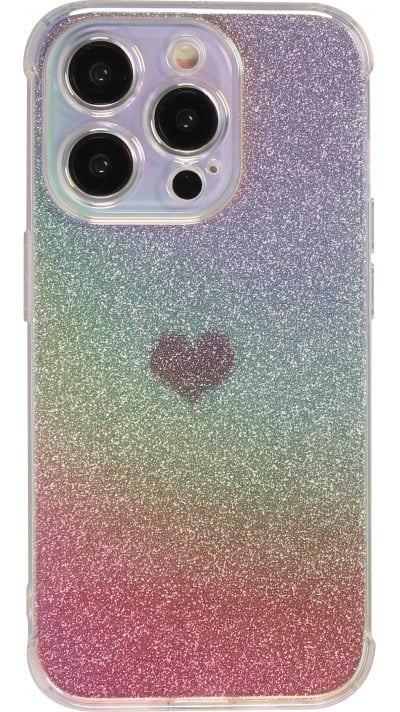 Coque iPhone 15 Pro - Gel bumper paillettes blur coeur - Rose