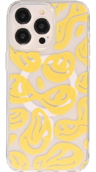 iPhone 15 Pro Case Hülle - Gummi Silikon MagSafe transparent Liquid Smiley - Gelb