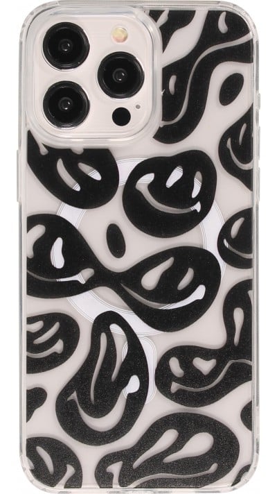 iPhone 15 Pro Max Case Hülle - Gummi Silikon MagSafe transparent Liquid Smiley - Schwarz