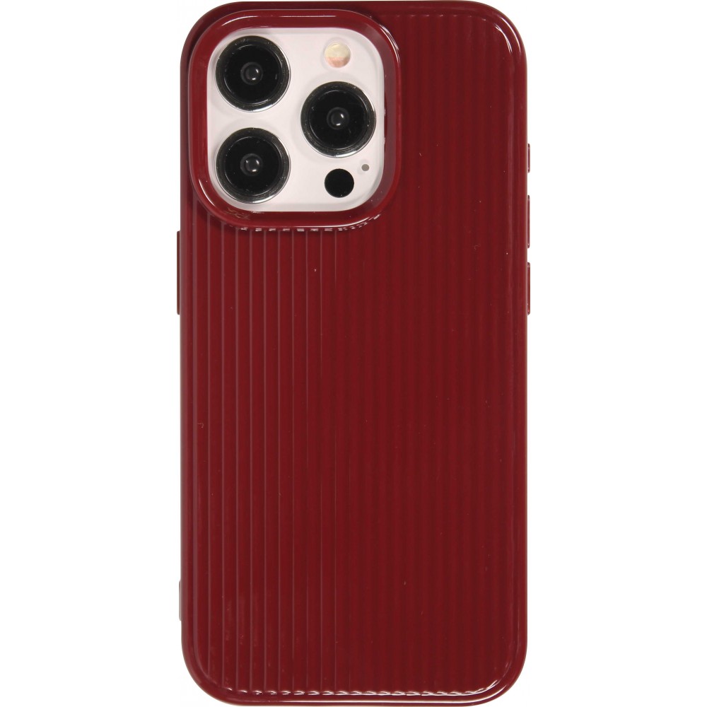 Coque iPhone 15 Pro - Gel silicone brillant avec lignes textur&eacute;es - Bordeaux