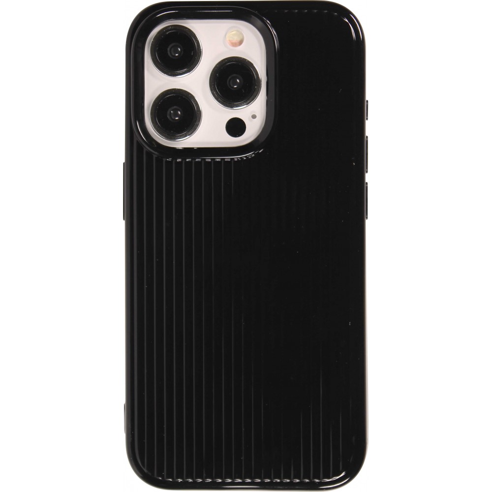 Coque iPhone 15 Pro - Gel silicone brillant avec lignes textur&eacute;es - Noir