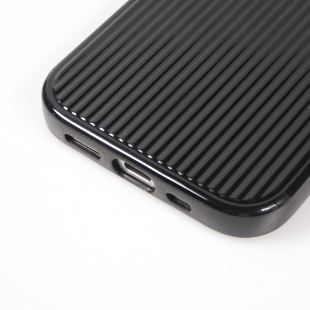 Coque iPhone 15 Pro - Gel silicone brillant avec lignes textur&eacute;es - Noir
