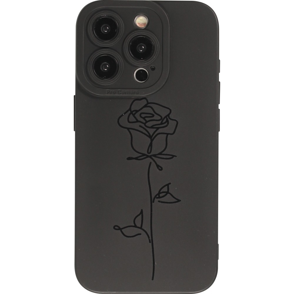 iPhone 15 Pro Case Hülle - Weiches Silikongel mit Kameraschutz - Minimalistische Rose - Schwarz