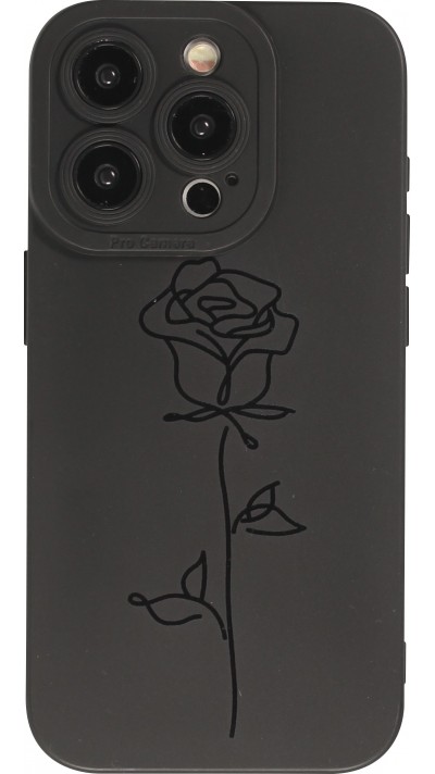 iPhone 15 Pro Case Hülle - Weiches Silikongel mit Kameraschutz - Minimalistische Rose - Schwarz