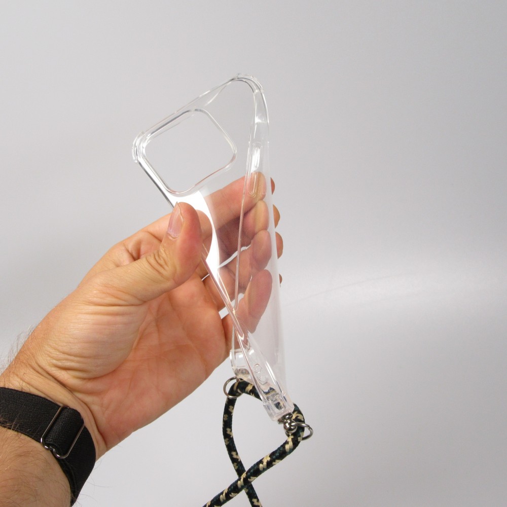 Coque iPhone 15 Pro - Gel transparent bumper avec lacet - Vert / or