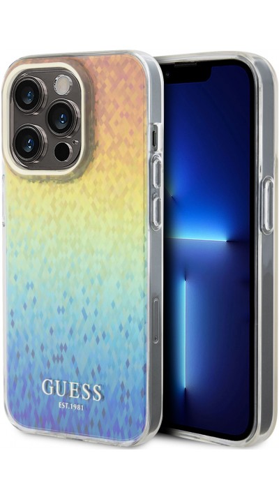 Coque iPhone 15 Pro Max - Guess dégradé de multifacettes miroir irisé style disco avec logo doré - Multicolore