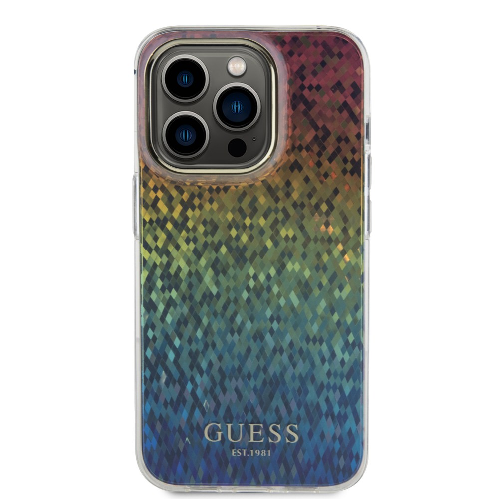 Coque iPhone 15 Pro Max - Guess dégradé de multifacettes miroir irisé style disco avec logo doré - Multicolore