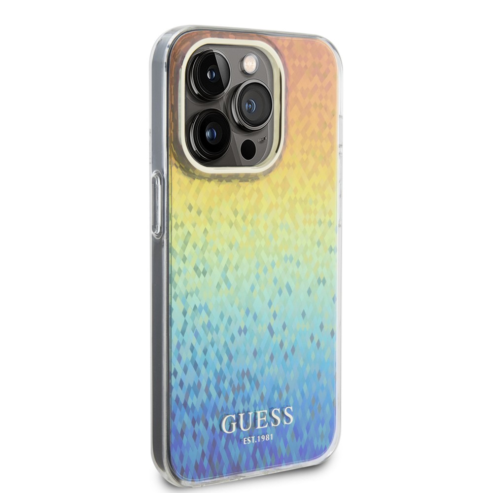 Coque iPhone 15 Pro Max - Guess dégradé de multifacettes miroir irisé style disco avec logo doré - Multicolore