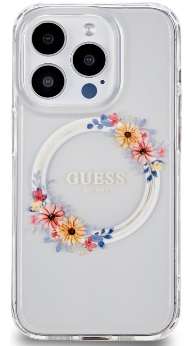 Coque iPhone 15 Pro Max - Guess gel rigide avec MagSafe fleurs et logo doré - Transparent