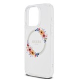 Coque iPhone 15 Pro - Guess gel rigide avec MagSafe fleurs et logo doré - Transparent