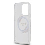 Coque iPhone 15 Pro - Guess gel rigide avec MagSafe fleurs et logo doré - Transparent