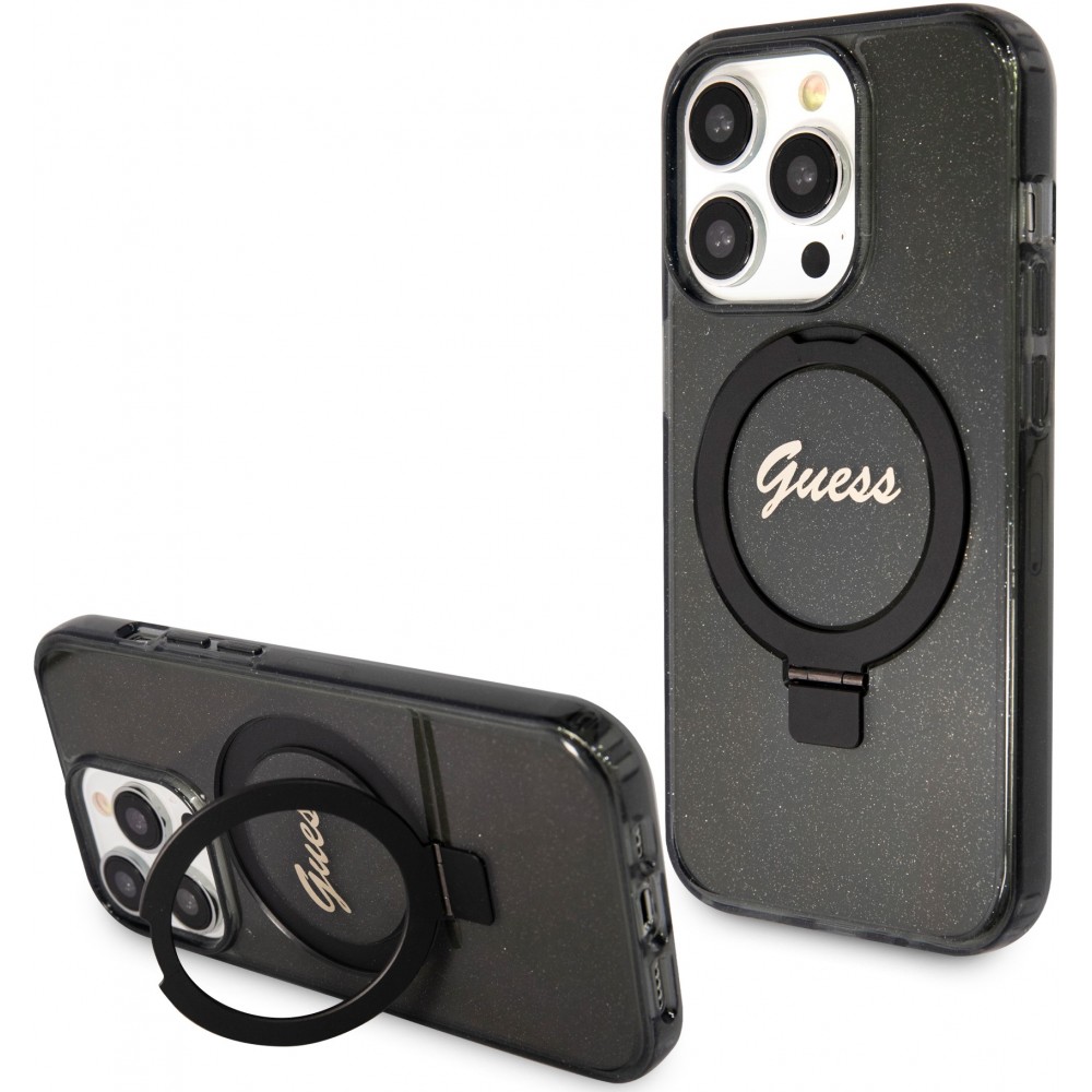 Coque iPhone 15 Pro - Guess gel rigide pailleté avec anneau support MagSafe amovible et logo doré - Noir transparent