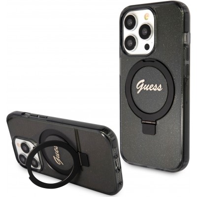 Coque iPhone 15 Pro Max - Guess gel rigide pailleté avec anneau support MagSafe amovible et logo doré - Noir transparent