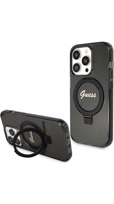 iPhone 15 Pro Case Hülle - Guess starres Glitzergel mit abnehmbarem MagSafe-Haltering und goldenem Logo - Schwarz transparent