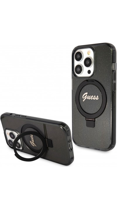 Coque iPhone 15 Pro Max - Guess gel rigide pailleté avec anneau support MagSafe amovible et logo doré - Noir transparent