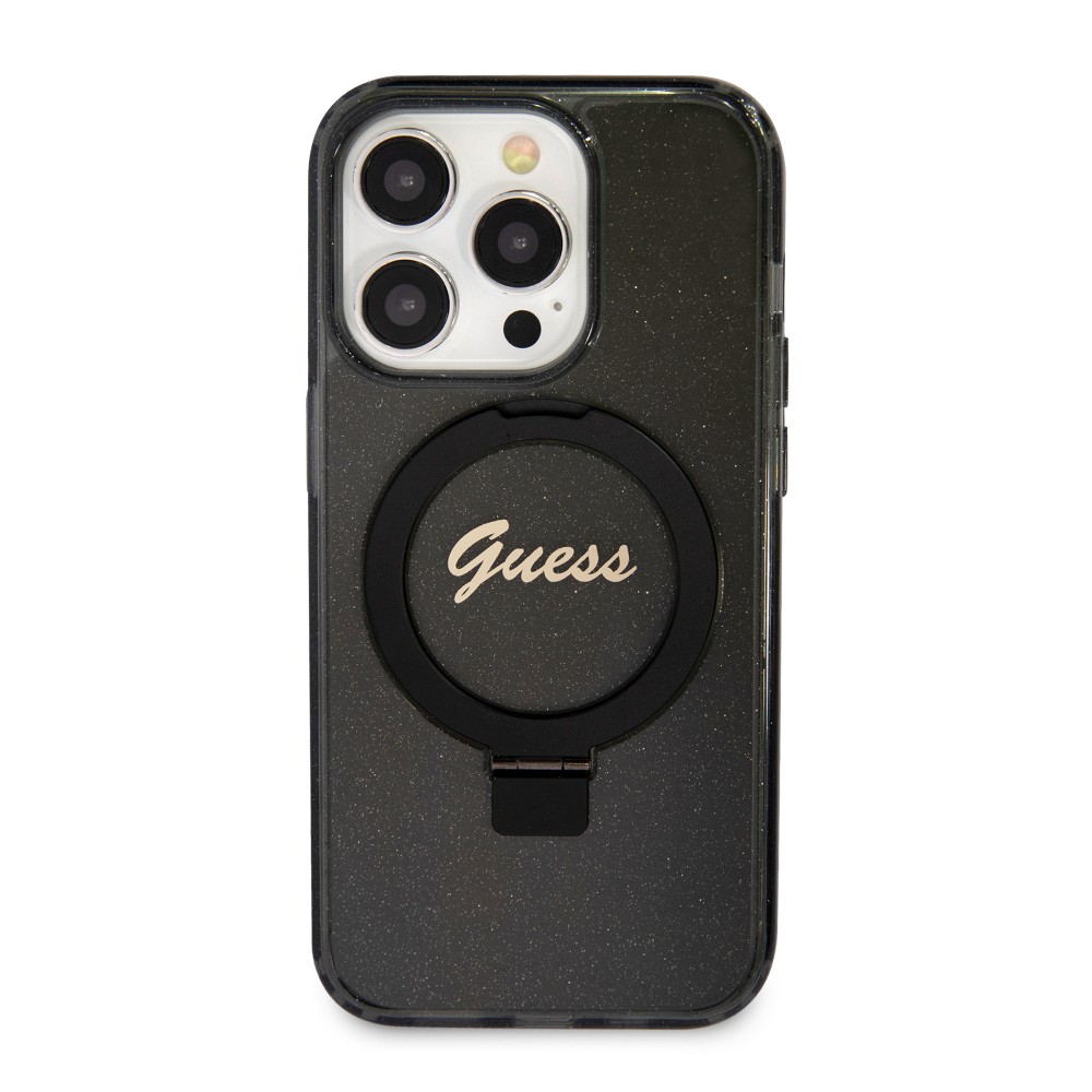 Coque iPhone 15 Pro - Guess gel rigide pailleté avec anneau support MagSafe amovible et logo doré - Noir transparent