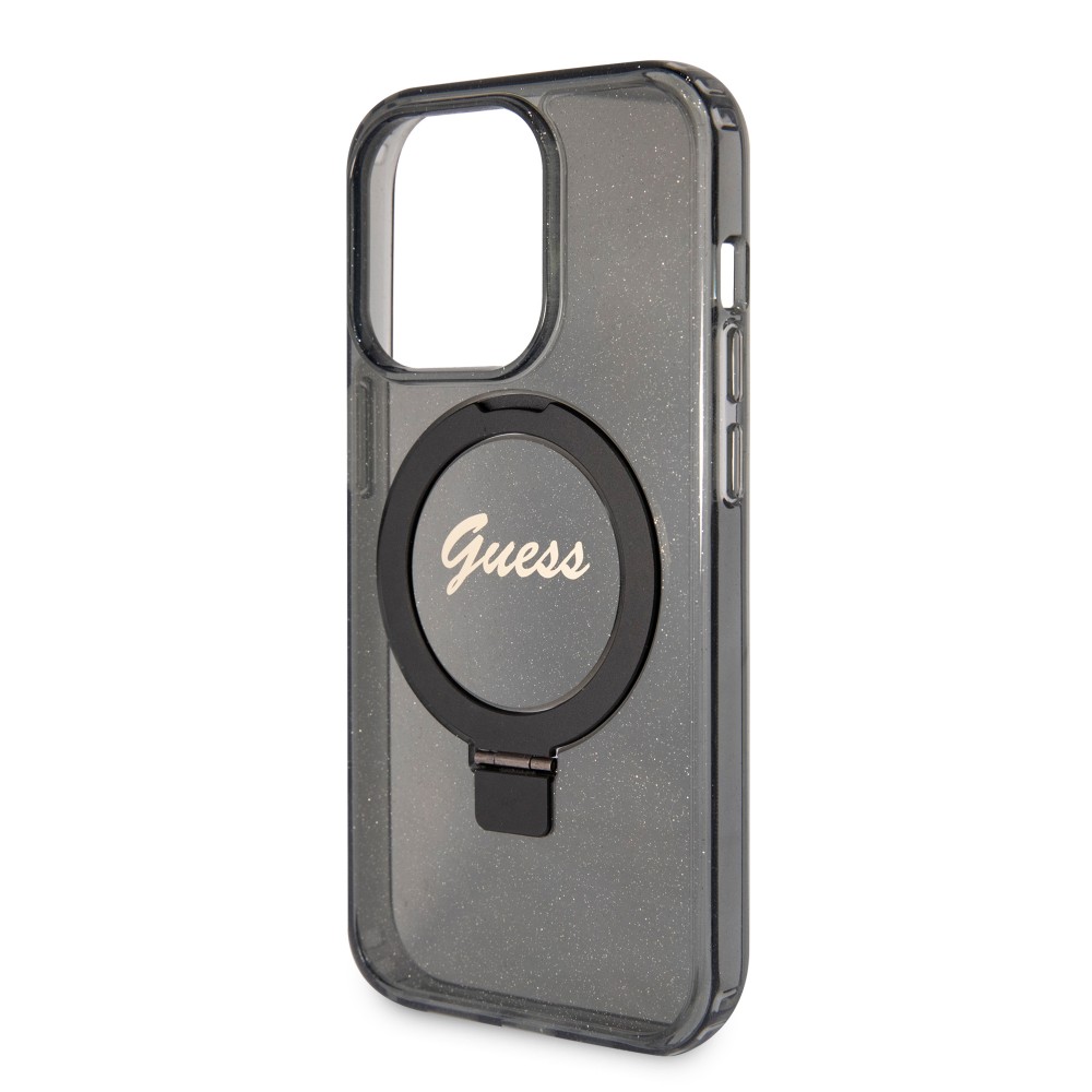 Coque iPhone 15 Pro - Guess gel rigide pailleté avec anneau support MagSafe amovible et logo doré - Noir transparent