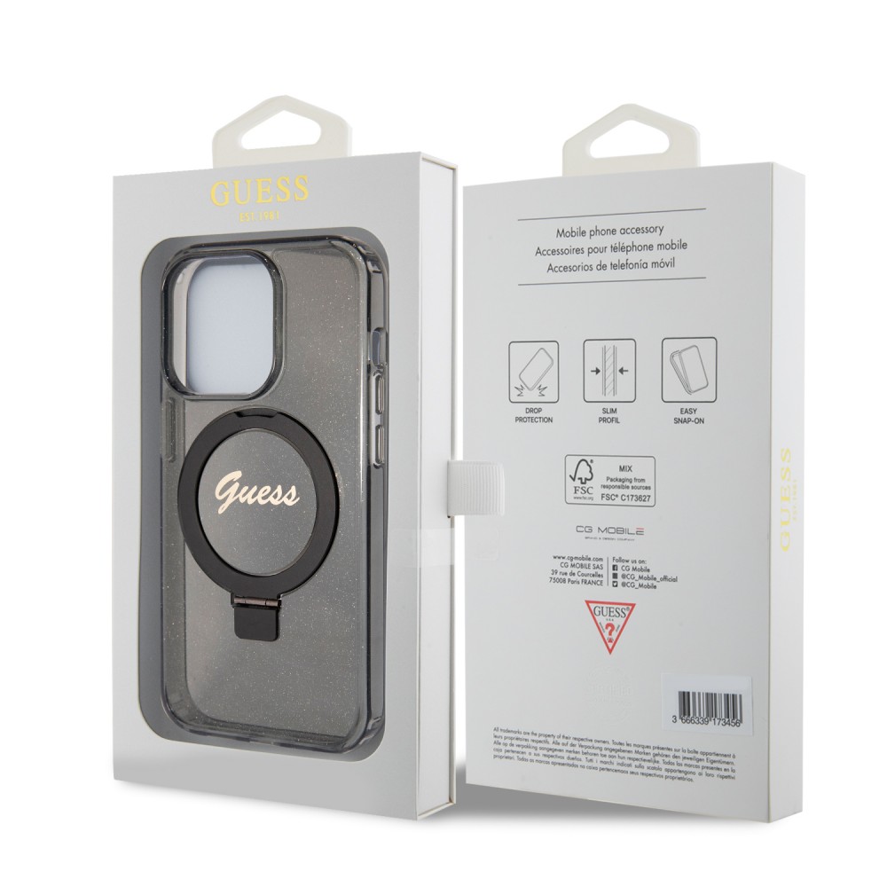 Coque iPhone 15 Pro Max - Guess gel rigide pailleté avec anneau support MagSafe amovible et logo doré - Noir transparent