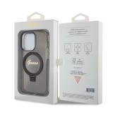 Coque iPhone 15 Pro - Guess gel rigide pailleté avec anneau support MagSafe amovible et logo doré - Noir transparent