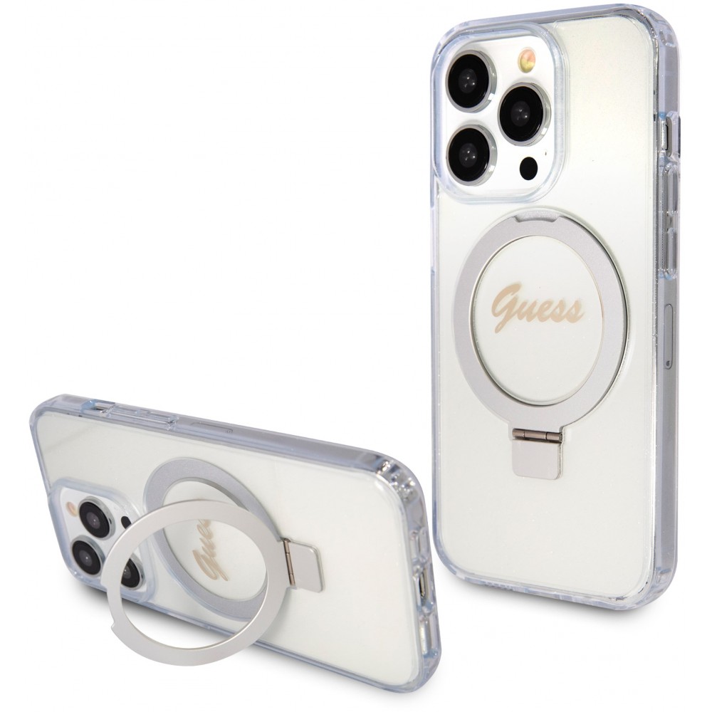 Coque iPhone 15 Pro - Guess gel rigide pailleté avec anneau support MagSafe amovible et logo doré - Transparent